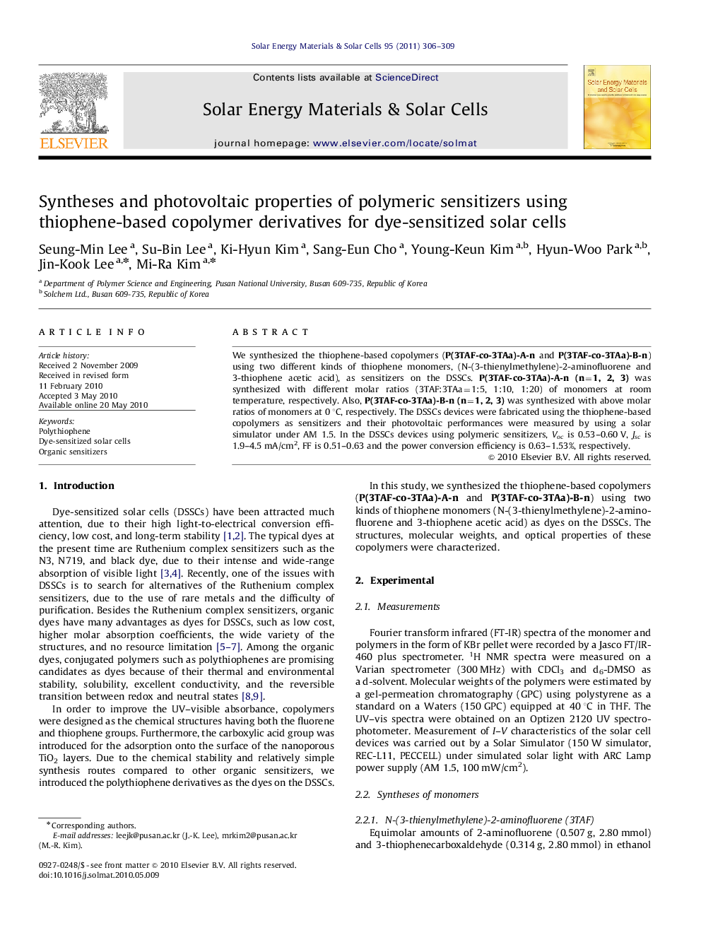 Syntheses and photovoltaic properties of polymeric sensitizers using thiophene-based copolymer derivatives for dye-sensitized solar cells