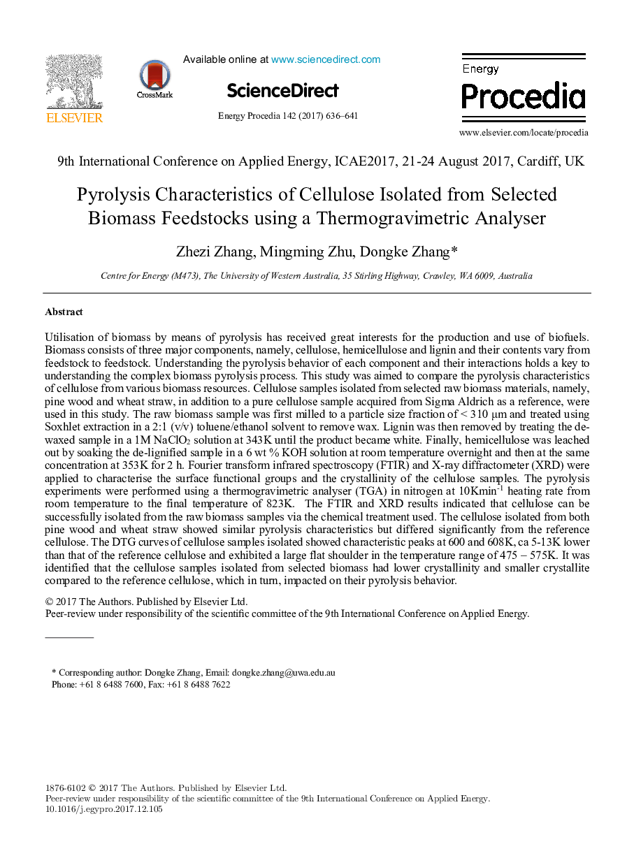 Pyrolysis Characteristics of Cellulose Isolated from Selected Biomass Feedstocks using a Thermogravimetric Analyser