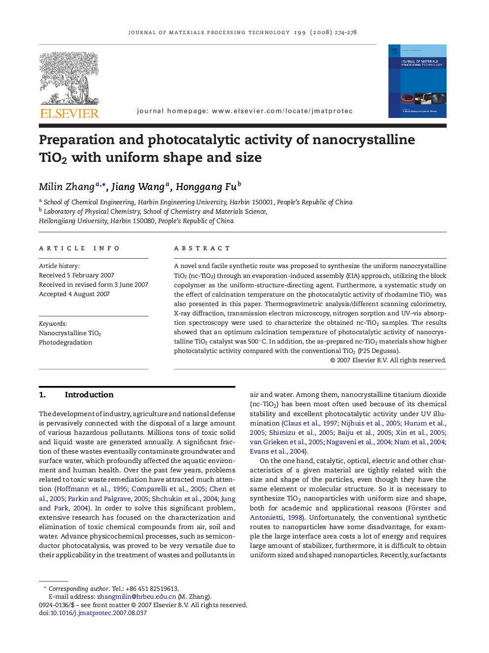 Preparation and photocatalytic activity of nanocrystalline TiO2 with uniform shape and size