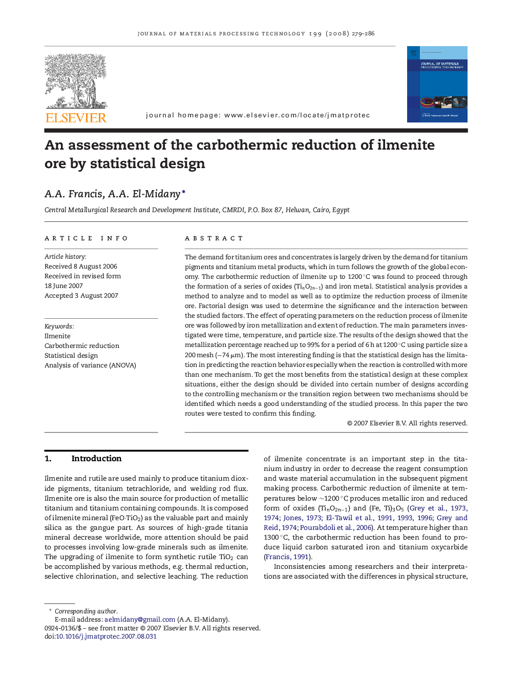 An assessment of the carbothermic reduction of ilmenite ore by statistical design