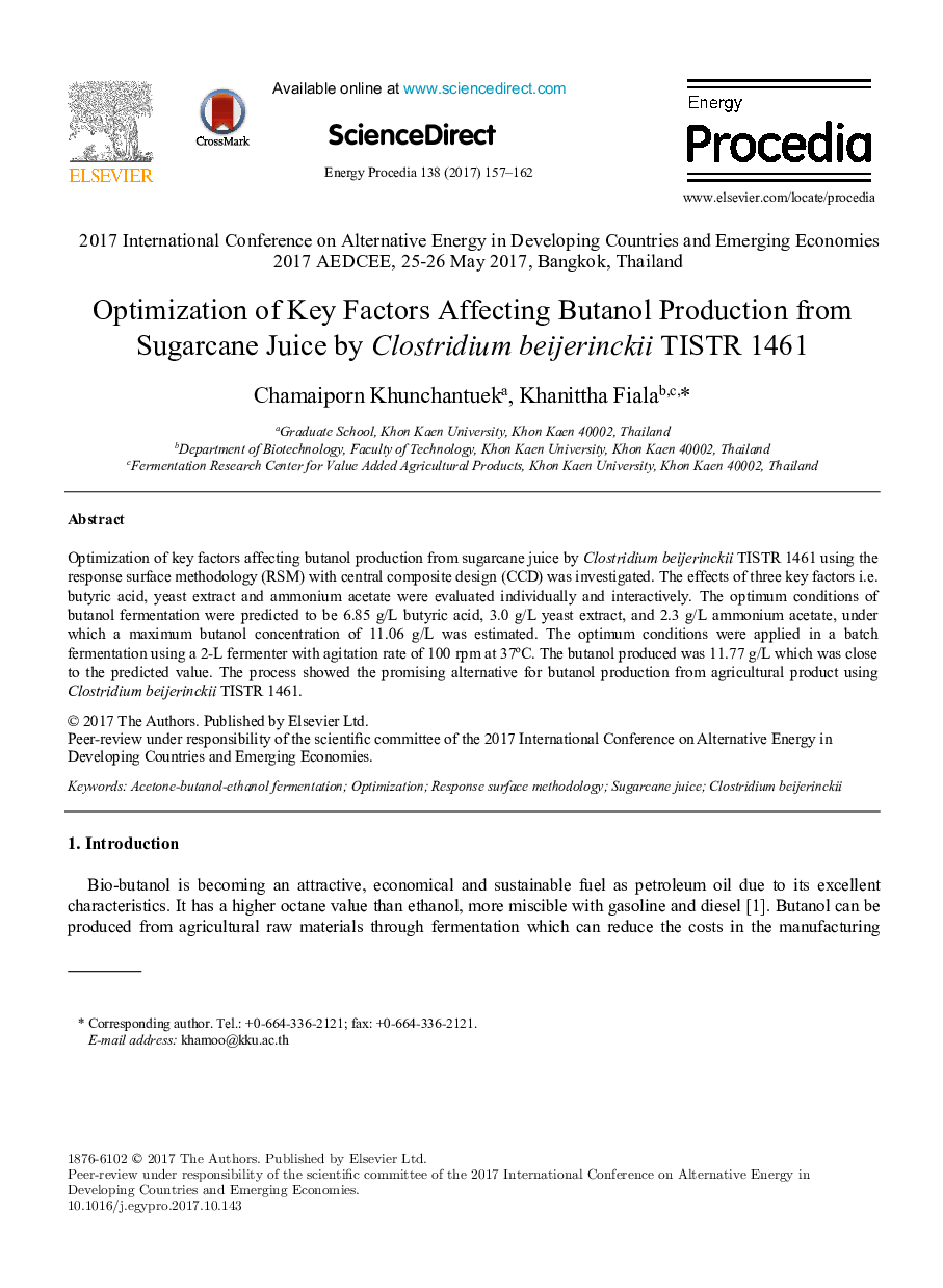 Optimization of Key Factors Affecting Butanol Production from Sugarcane Juice by Clostridium beijerinckii TISTR 1461