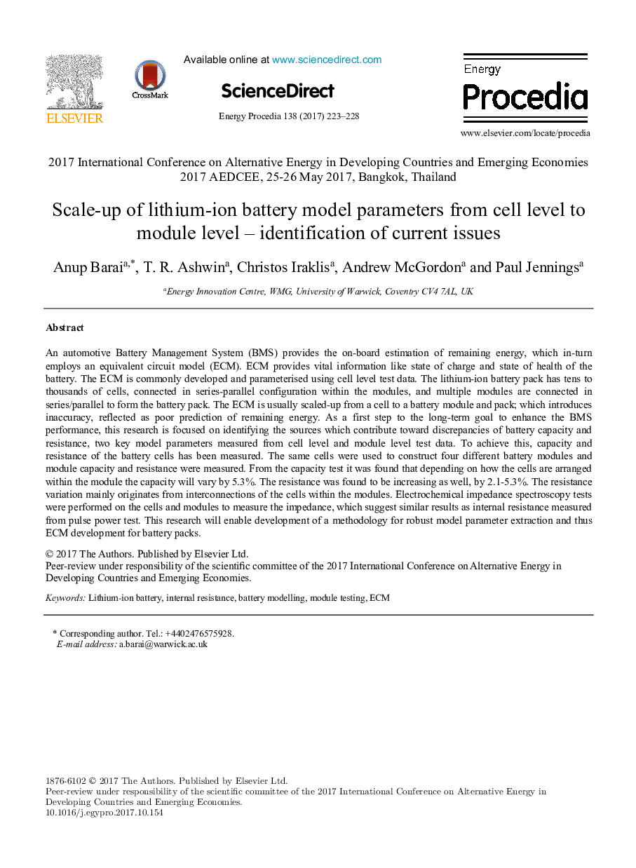 Scale-up of lithium-ion battery model parameters from cell level to module level - identification of current issues