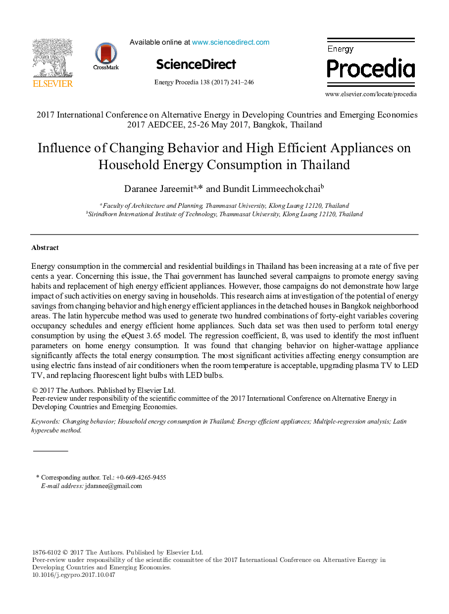 Influence of Changing Behavior and High Efficient Appliances on Household Energy Consumption in Thailand