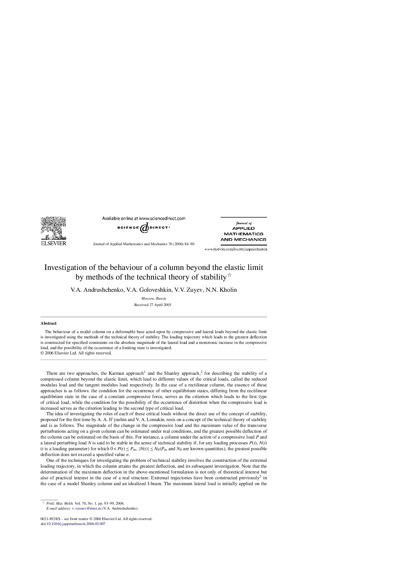 عکس صفحه اول مقاله: Investigation of the behaviour of a column beyond the elastic limit by methods of the technical theory of stability Investigation of the behaviour of a column beyond the elastic limit by methods of the technical theory of stability
