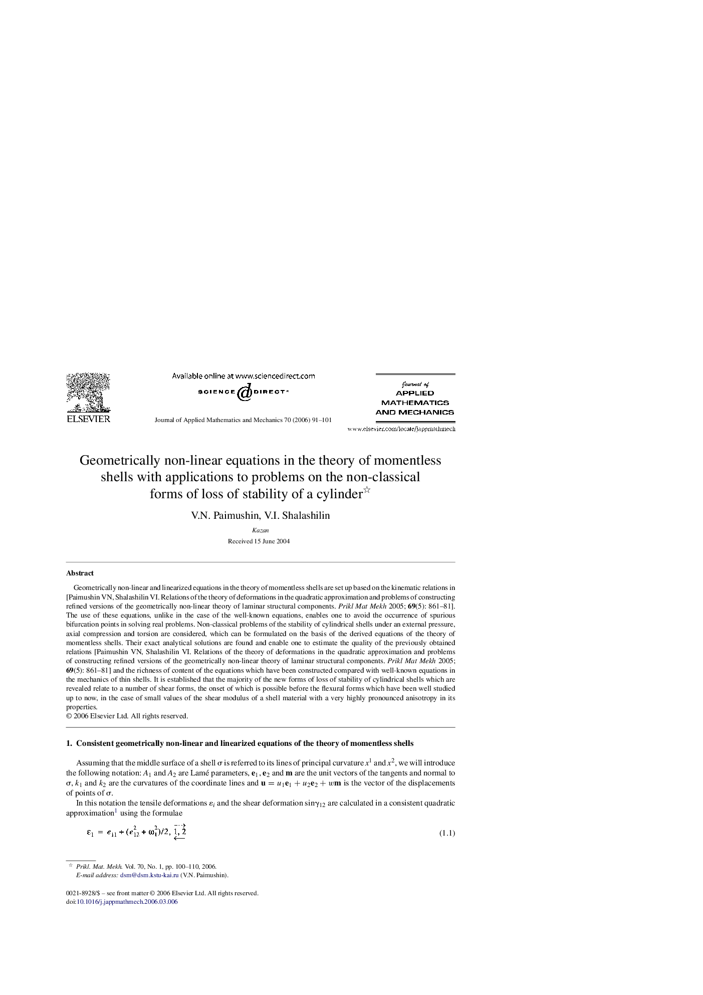 Geometrically non-linear equations in the theory of momentless shells with applications to problems on the non-classical forms of loss of stability of a cylinder 