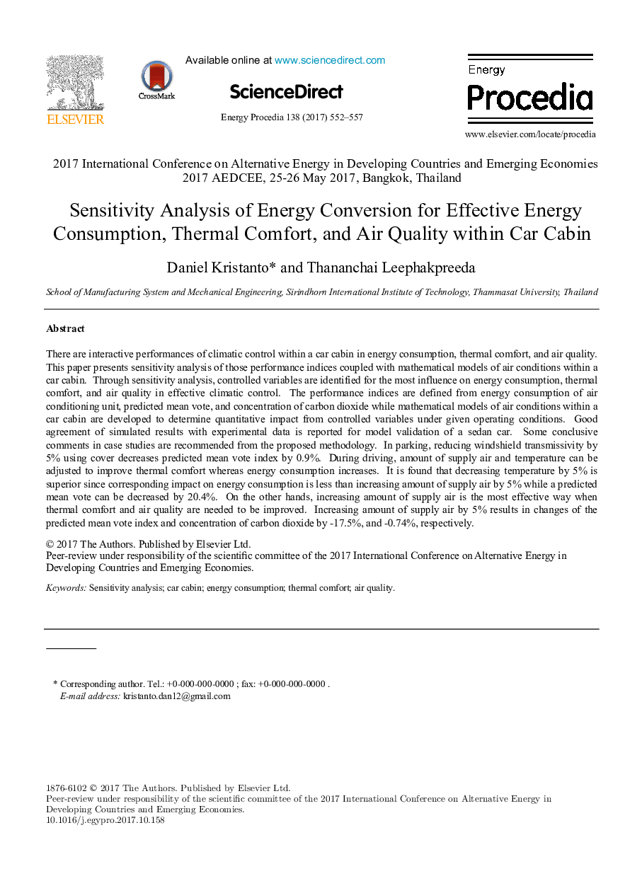 Sensitivity Analysis of Energy Conversion for Effective Energy Consumption, Thermal Comfort, and Air Quality within Car Cabin