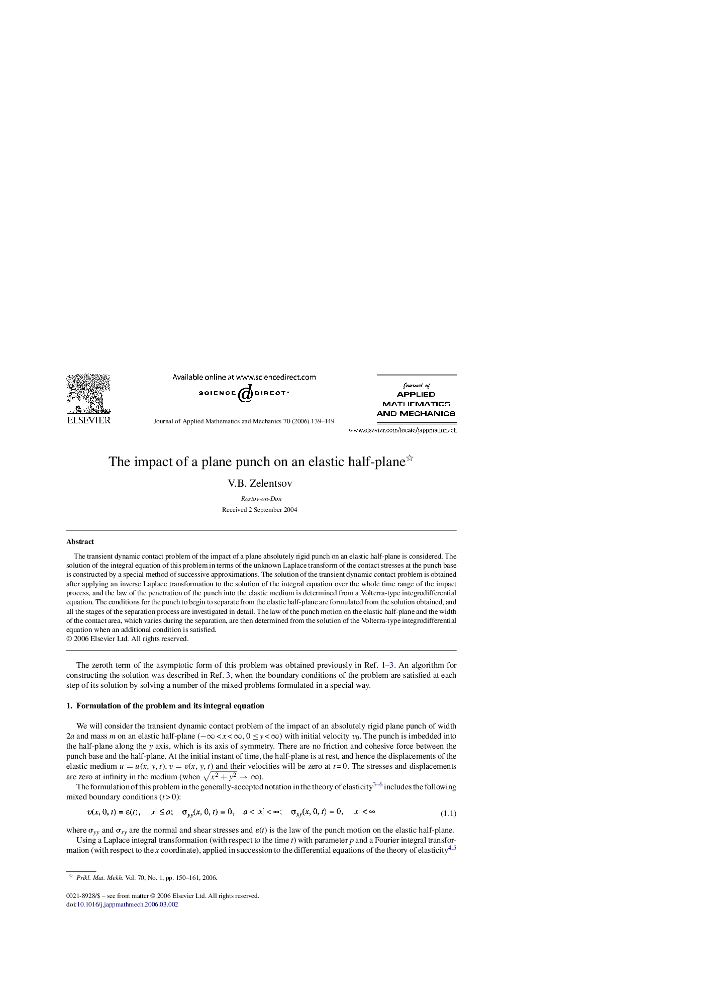 عکس صفحه اول مقاله: The impact of a plane punch on an elastic half-plane The impact of a plane punch on an elastic half-plane