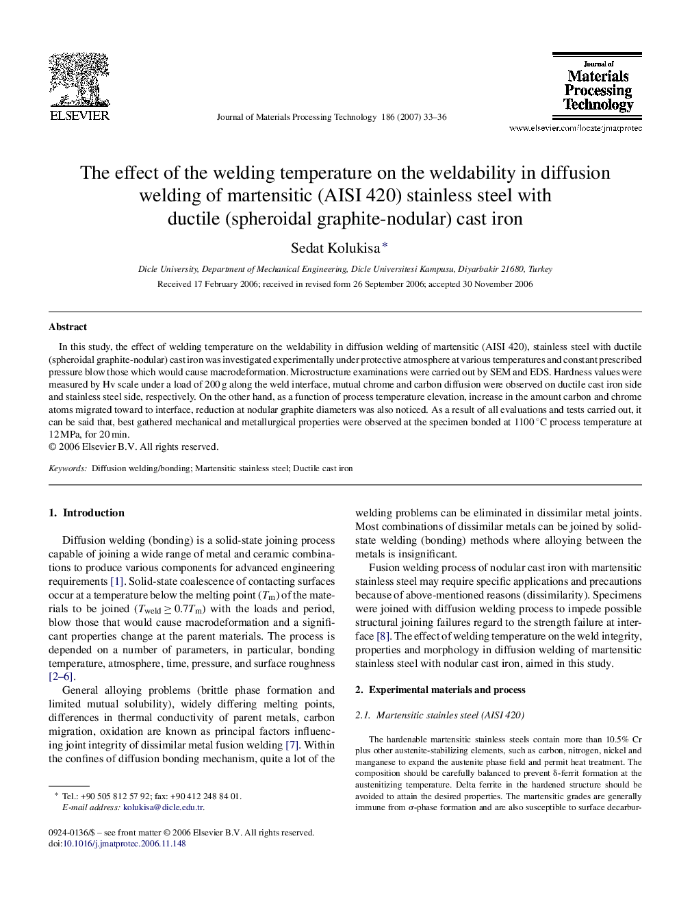 The effect of the welding temperature on the weldability in diffusion welding of martensitic (AISI 420) stainless steel with ductile (spheroidal graphite-nodular) cast iron