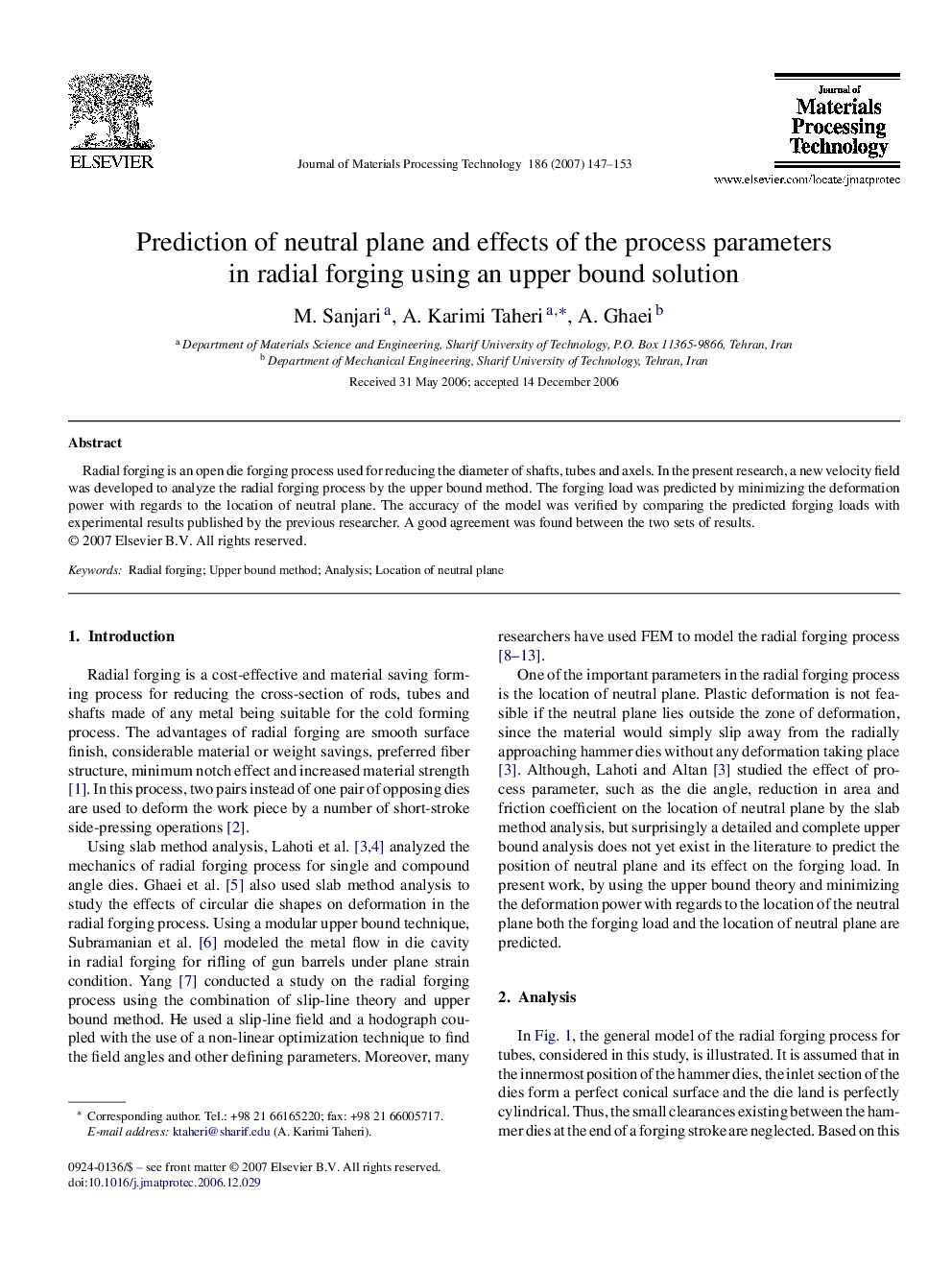 Prediction of neutral plane and effects of the process parameters in radial forging using an upper bound solution