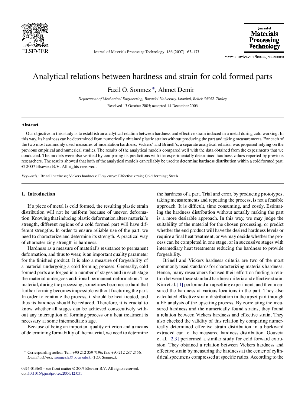 Analytical relations between hardness and strain for cold formed parts