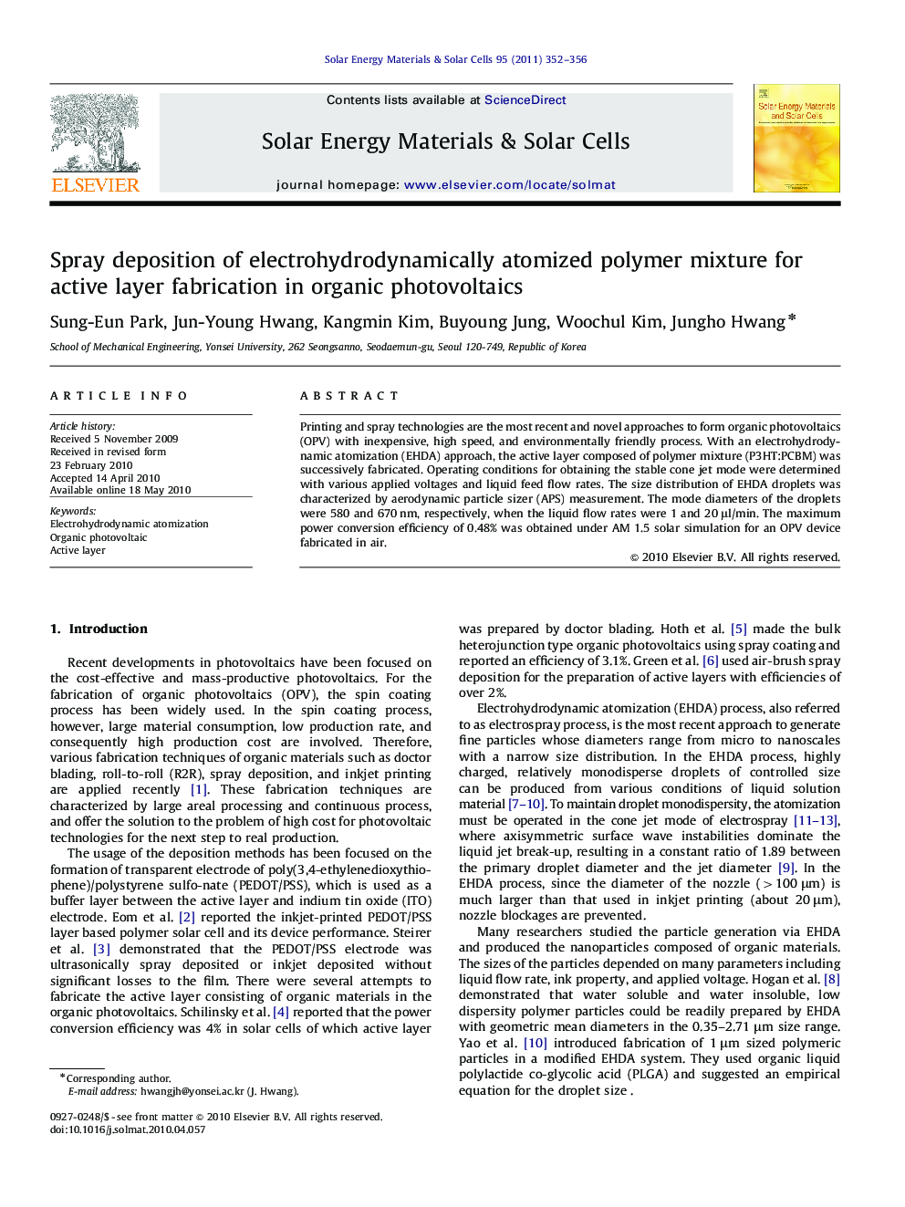 Spray deposition of electrohydrodynamically atomized polymer mixture for active layer fabrication in organic photovoltaics