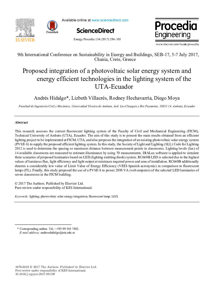 Proposed integration of a photovoltaic solar energy system and energy efficient technologies in the lighting system of the UTA-Ecuador