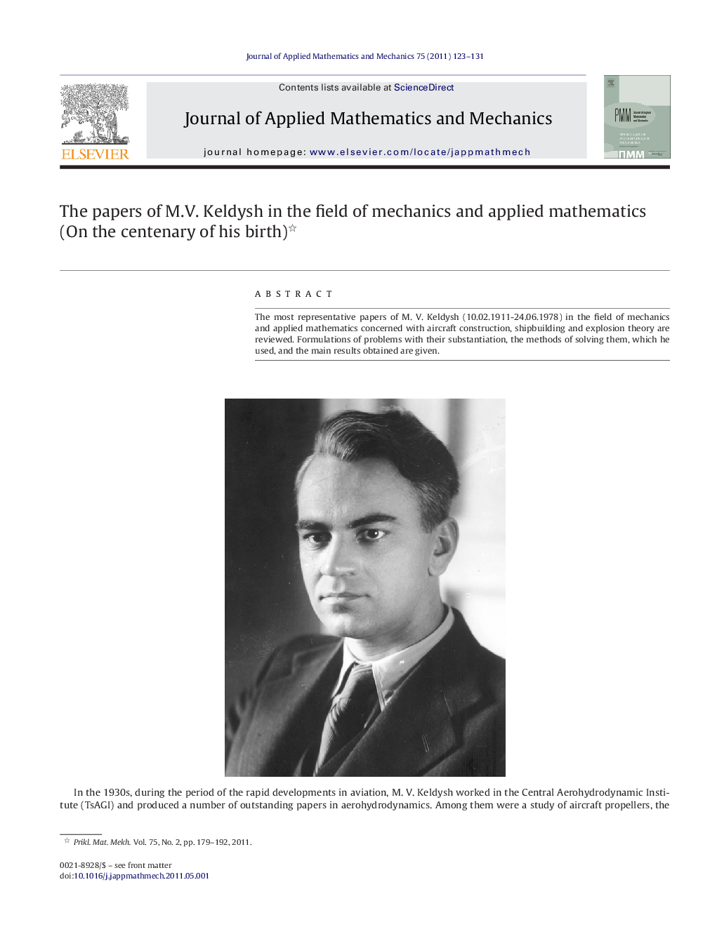 The papers of M.V. Keldysh in the field of mechanics and applied mathematics : (On the centenary of his birth)