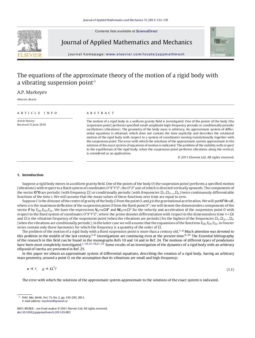 The equations of the approximate theory of the motion of a rigid body with a vibrating suspension point 