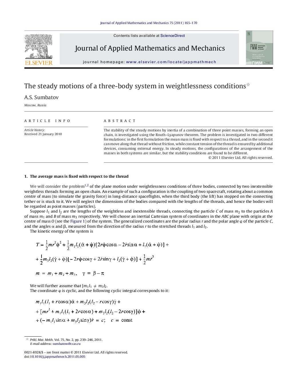 The steady motions of a three-body system in weightlessness conditions 