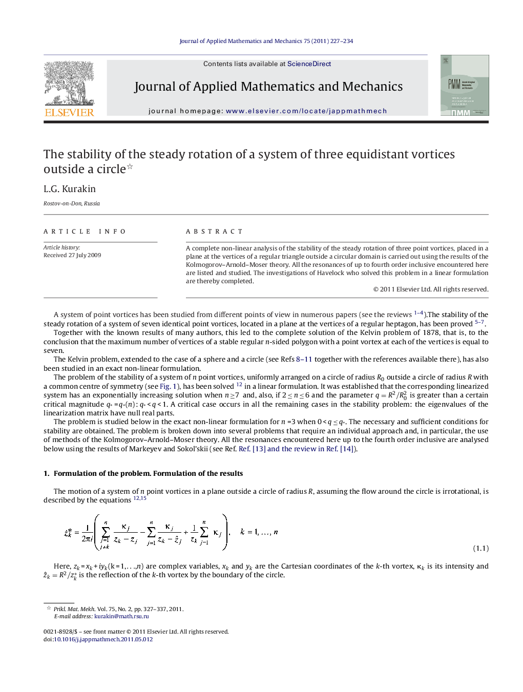 The stability of the steady rotation of a system of three equidistant vortices outside a circle 