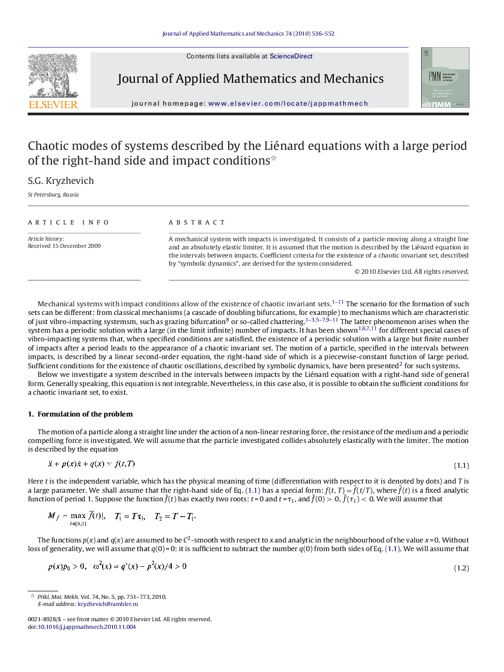 Chaotic modes of systems described by the Liénard equations with a large period of the right-hand side and impact conditions 