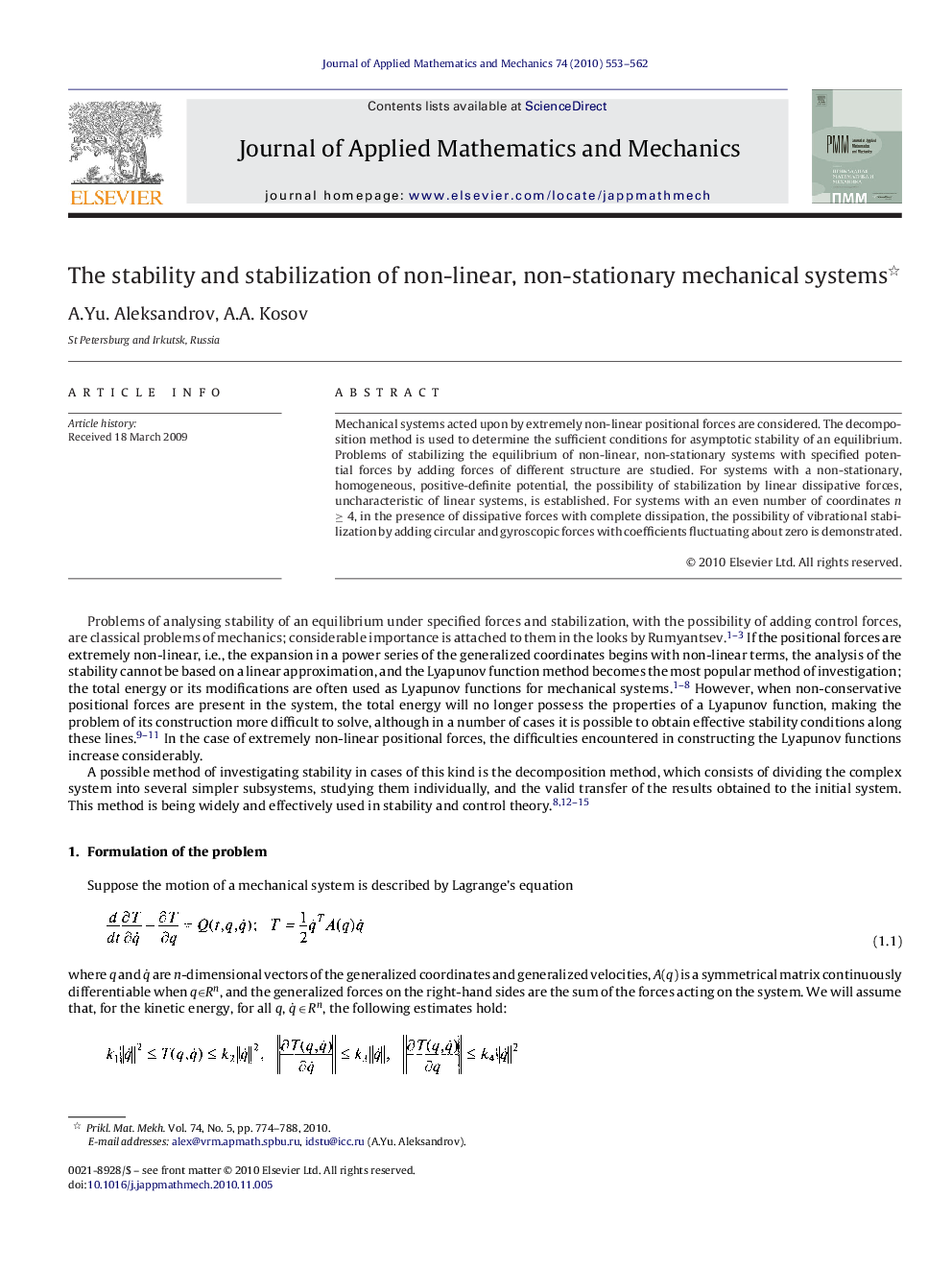 The stability and stabilization of non-linear, non-stationary mechanical systems 
