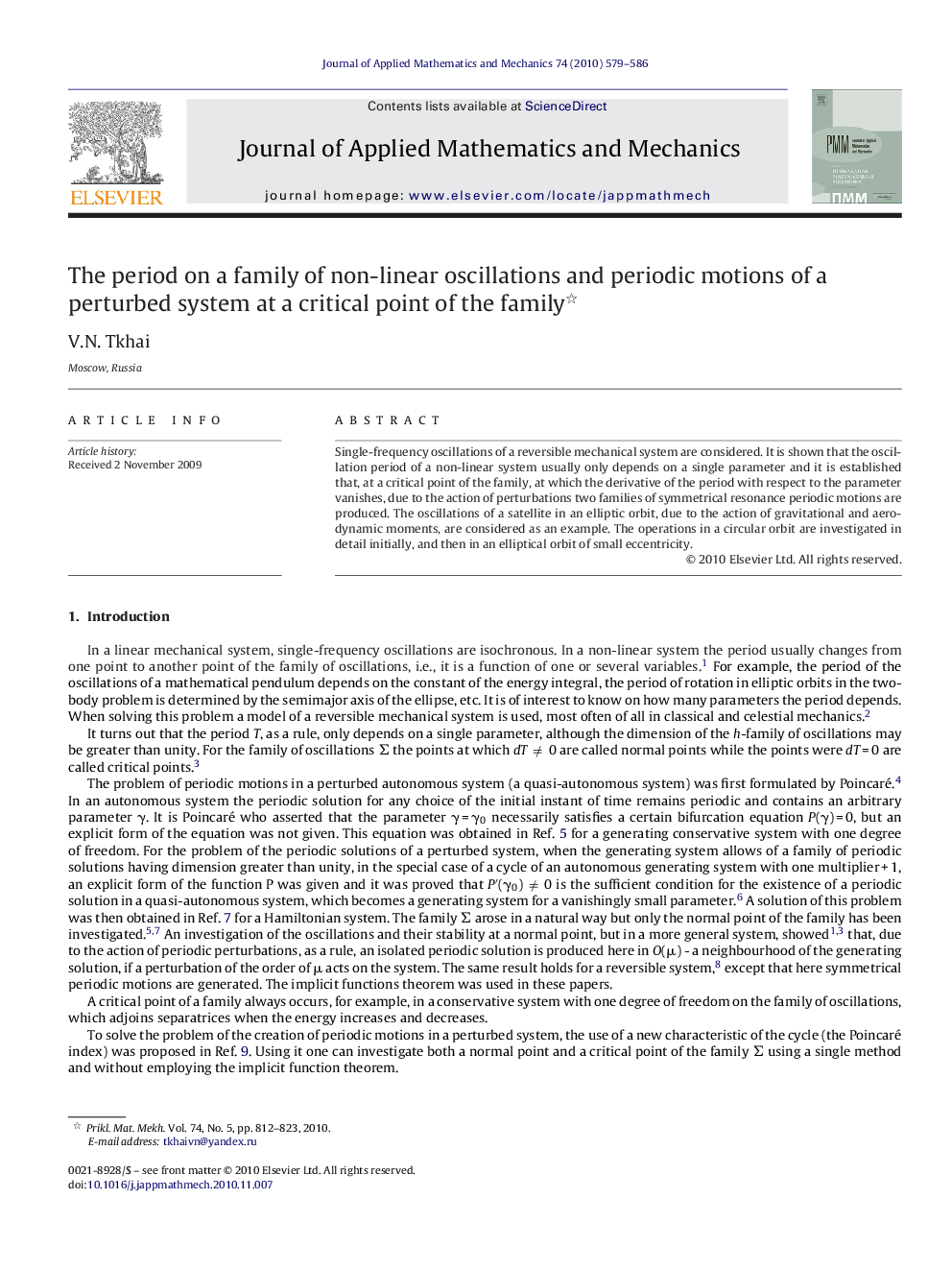 The period on a family of non-linear oscillations and periodic motions of a perturbed system at a critical point of the family 