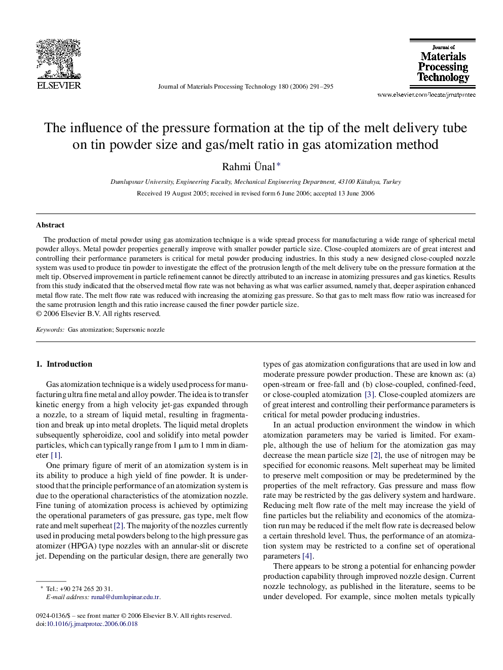 The influence of the pressure formation at the tip of the melt delivery tube on tin powder size and gas/melt ratio in gas atomization method