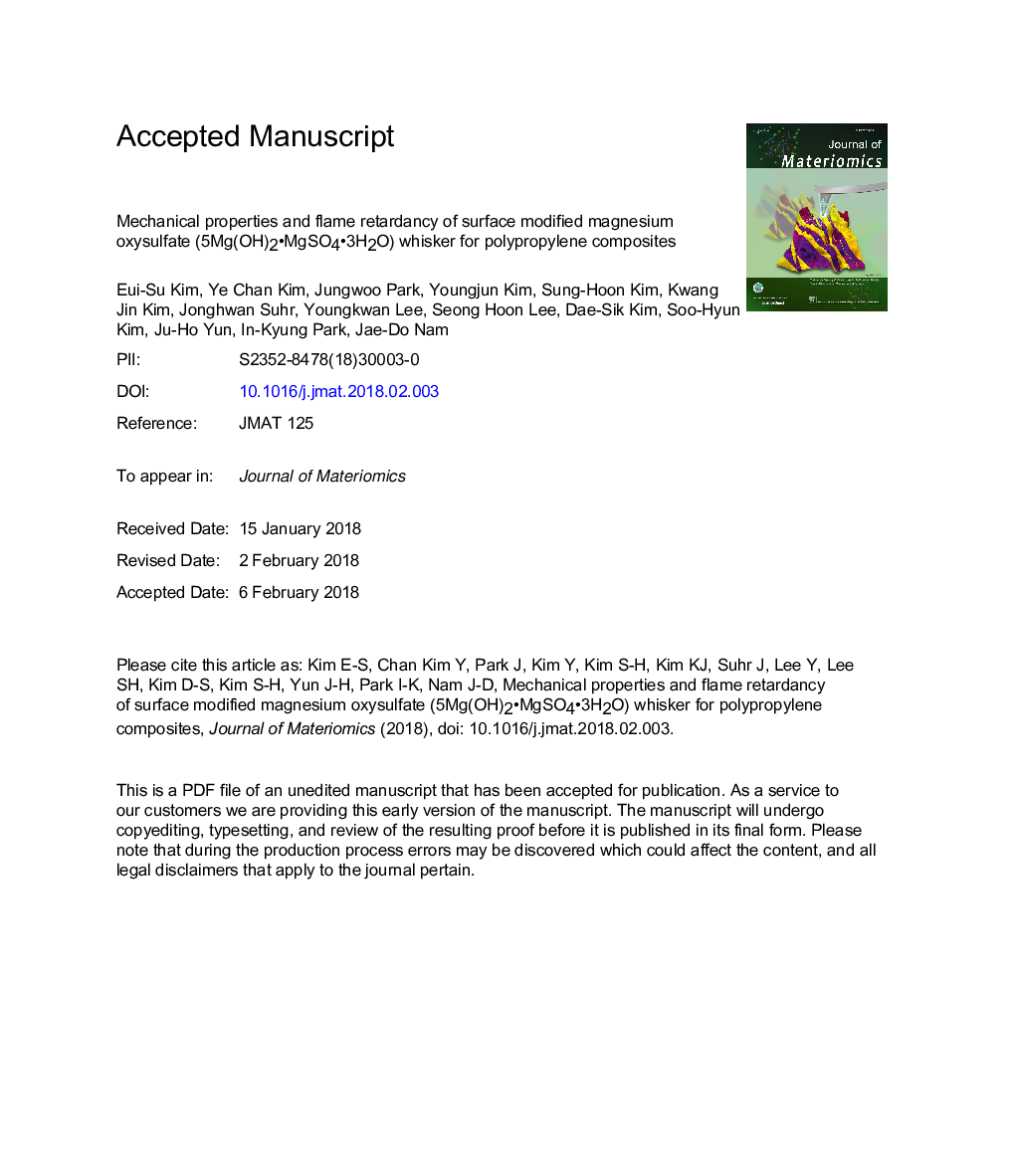 Mechanical properties and flame retardancy of surface modified magnesium oxysulfate (5Mg(OH)2Â·MgSO4Â·3H2O) whisker for polypropylene composites