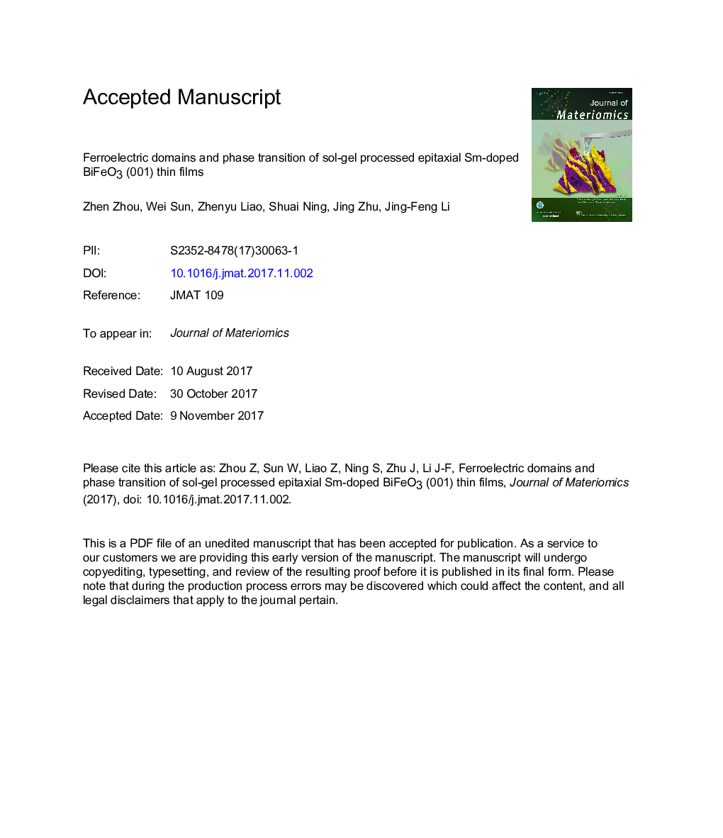 عکس صفحه اول مقاله: Ferroelectric domains and phase transition of sol-gel processed epitaxial Sm-doped BiFeO3 (001) thin films Ferroelectric domains and phase transition of sol-gel processed epitaxial Sm-doped BiFeO3 (001) thin films