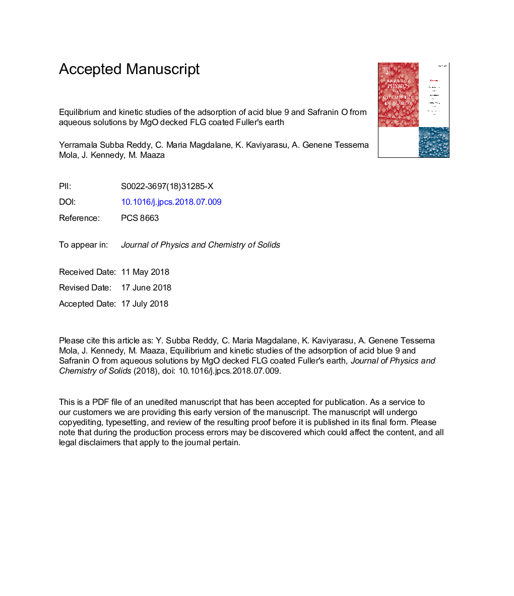 Equilibrium and kinetic studies of the adsorption of acid blue 9 and Safranin O from aqueous solutions by MgO decked FLG coated Fuller's earth