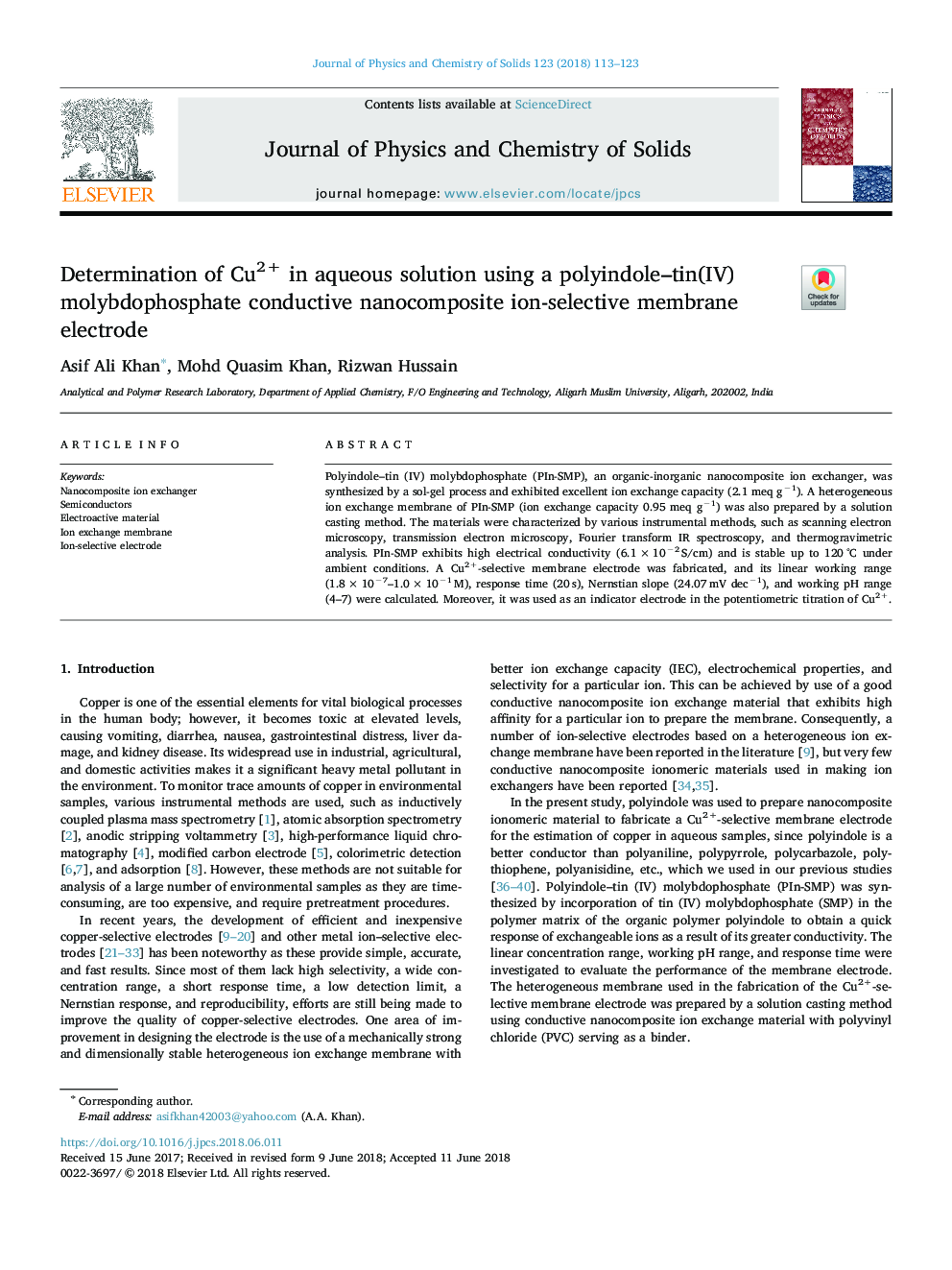 Determination of Cu2+ in aqueous solution using a polyindole-tin(IV) molybdophosphate conductive nanocomposite ion-selective membrane electrode