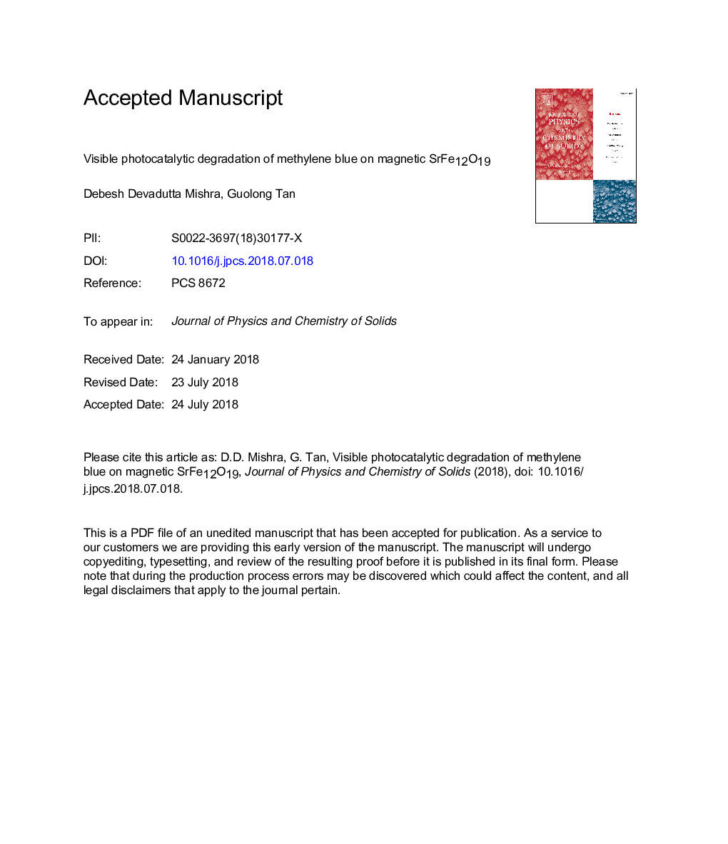 Visible photocatalytic degradation of methylene blue on magnetic SrFe12O19