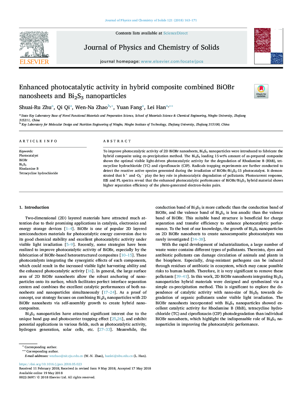 Enhanced photocatalytic activity in hybrid composite combined BiOBr nanosheets and Bi2S3 nanoparticles