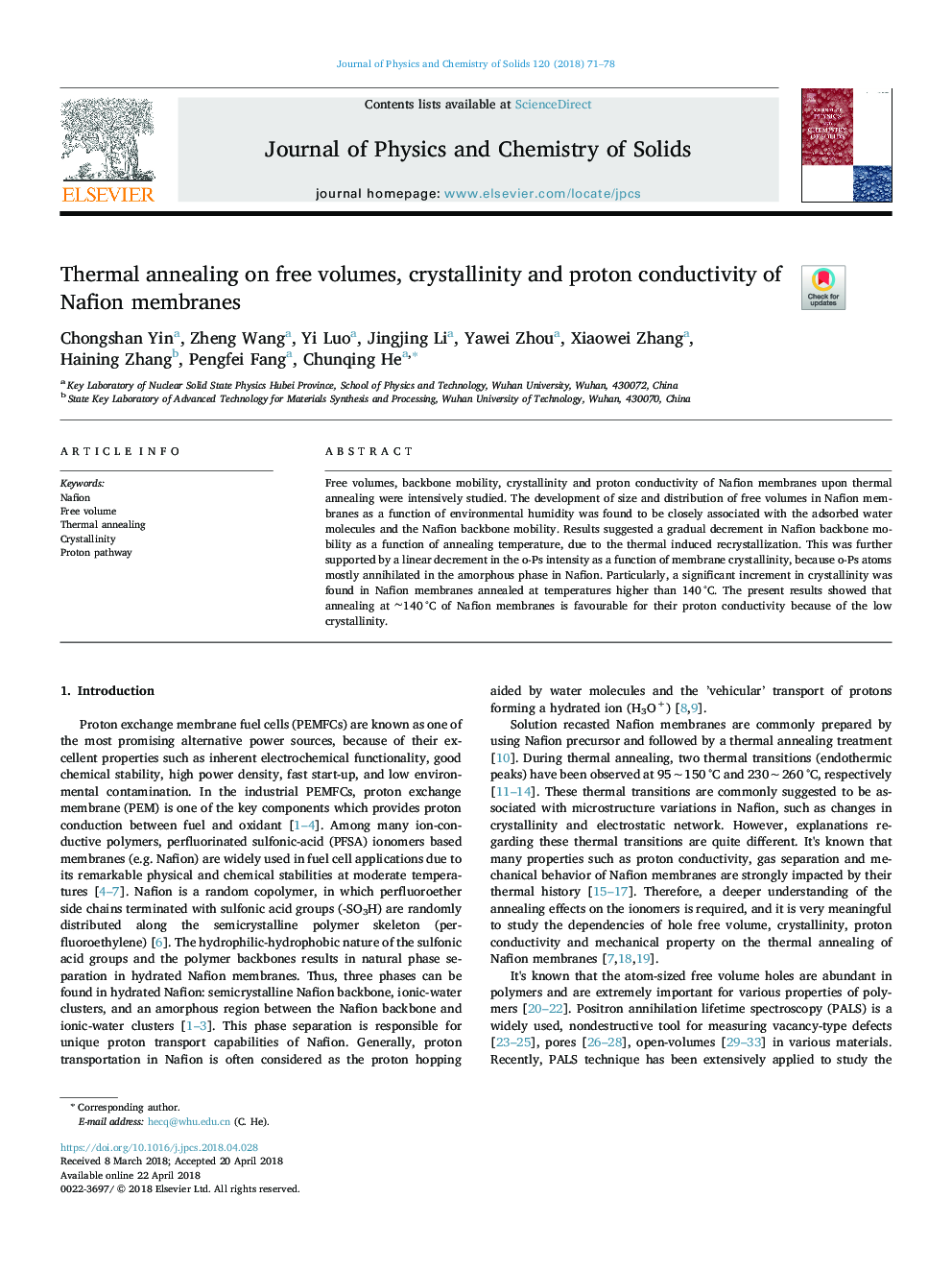 Thermal annealing on free volumes, crystallinity and proton conductivity of Nafion membranes