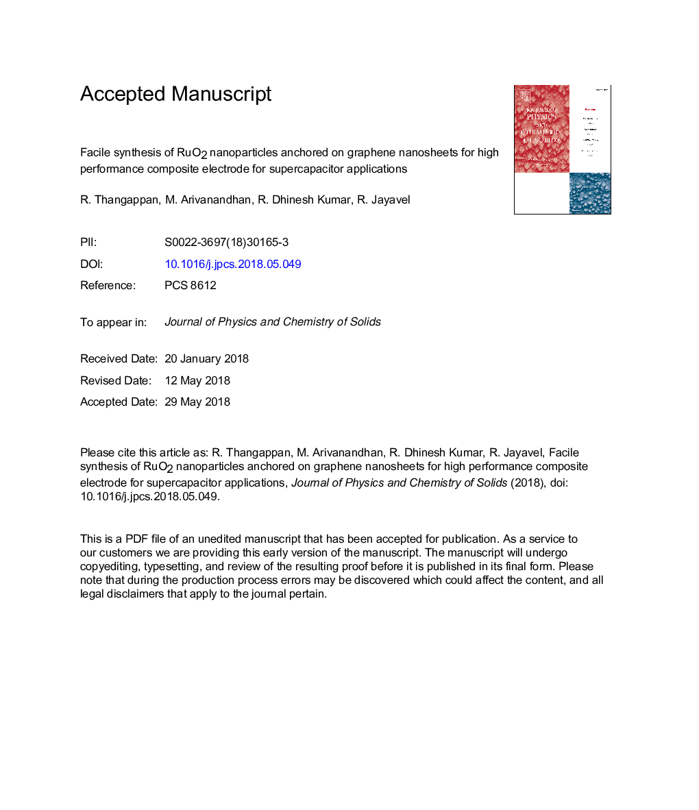 Facile synthesis of RuO2 nanoparticles anchored on graphene nanosheets for high performance composite electrode for supercapacitor applications