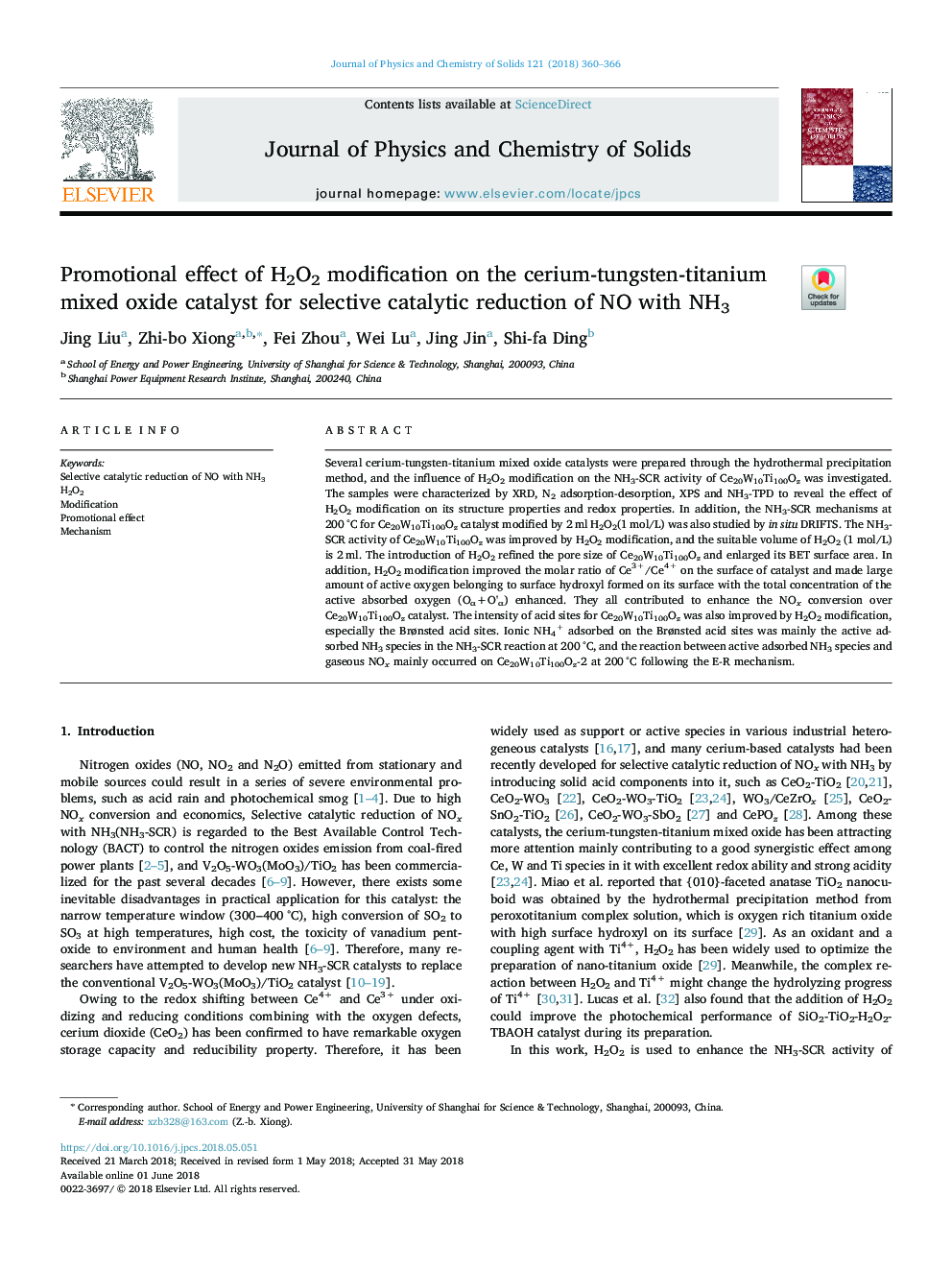 Promotional effect of H2O2 modification on the cerium-tungsten-titanium mixed oxide catalyst for selective catalytic reduction of NO with NH3