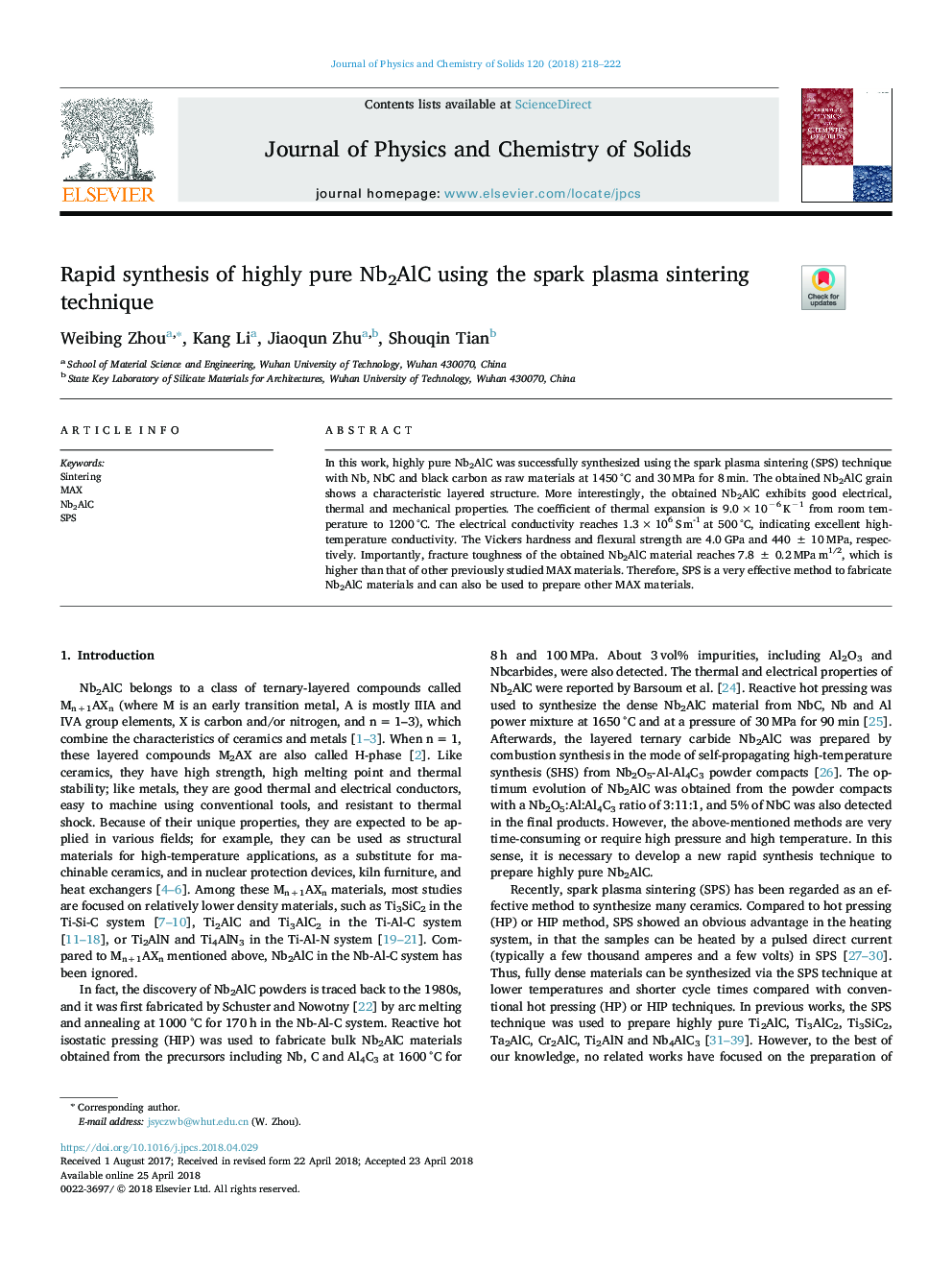 Rapid synthesis of highly pure Nb2AlC using the spark plasma sintering technique