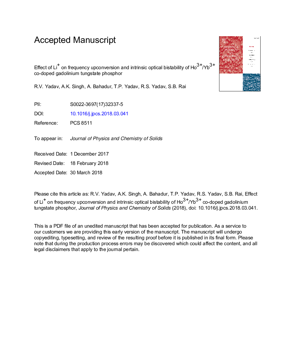 Effect of Li+ on frequency upconversion and intrinsic optical bistability of Ho3+/Yb3+ co-doped gadolinium tungstate phosphor