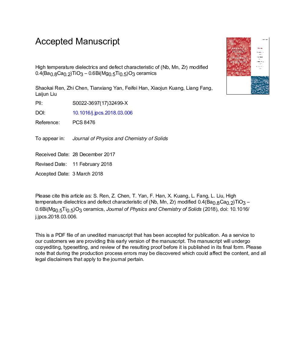 High temperature dielectrics and defect characteristic of (Nb, Mn, Zr) modified 0.4(Ba0.8Ca0.2)TiO3 - 0.6Bi(Mg0.5Ti0.5)O3 ceramics