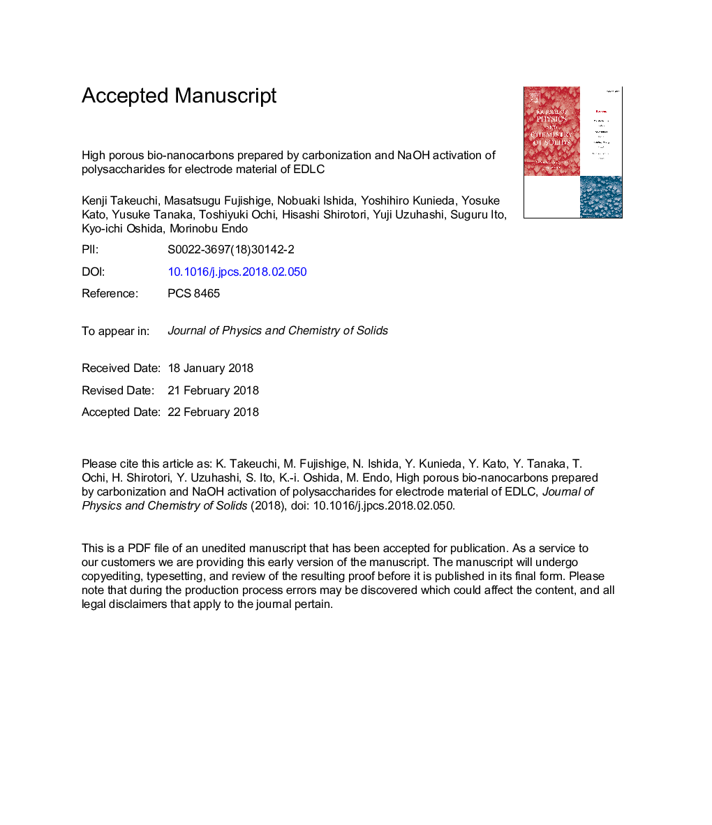 High porous bio-nanocarbons prepared by carbonization and NaOH activation of polysaccharides for electrode material of EDLC