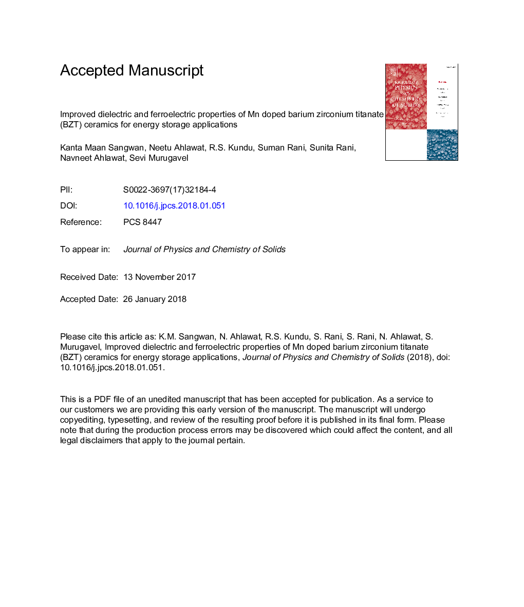 Improved dielectric and ferroelectric properties of Mn doped barium zirconium titanate (BZT) ceramics for energy storage applications