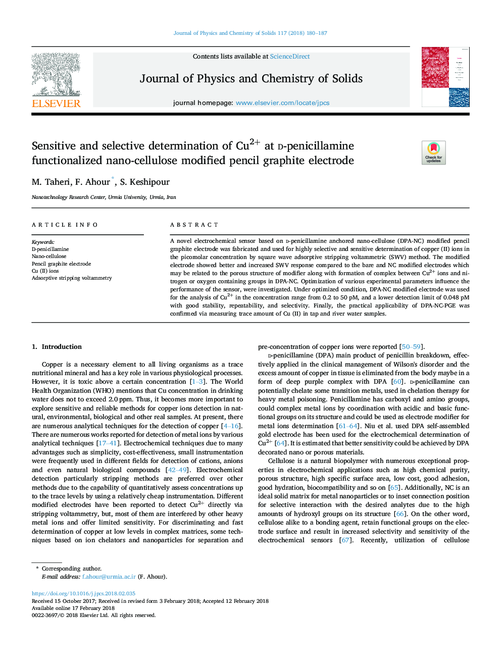 Sensitive and selective determination of Cu2+ at d-penicillamine functionalized nano-cellulose modified pencil graphite electrode
