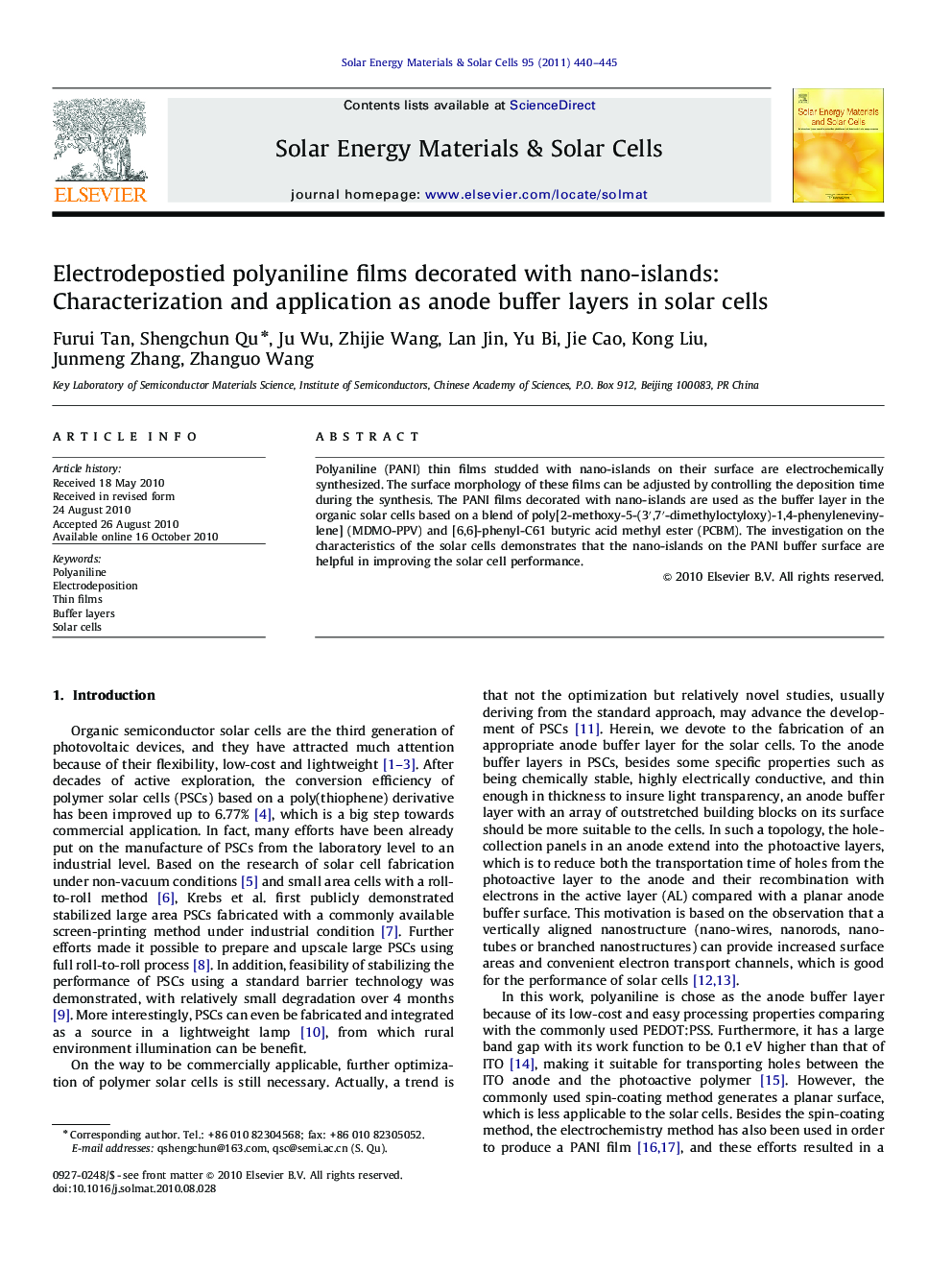 Electrodepostied polyaniline films decorated with nano-islands: Characterization and application as anode buffer layers in solar cells