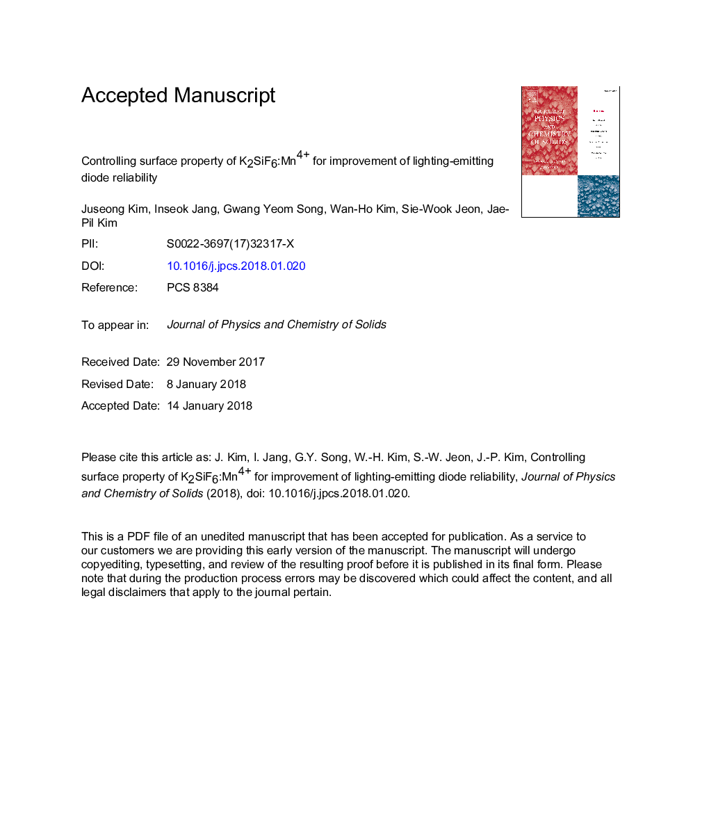 Controlling surface property of K2SiF6:Mn4+ for improvement of lighting-emitting diode reliability