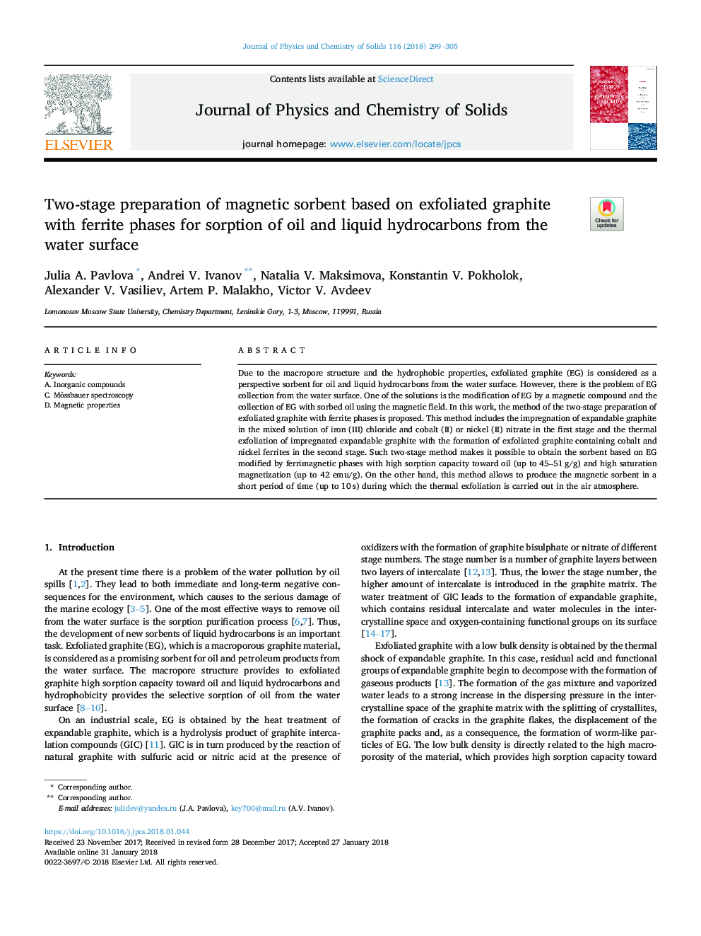 Two-stage preparation of magnetic sorbent based on exfoliated graphite with ferrite phases for sorption of oil and liquid hydrocarbons from the water surface