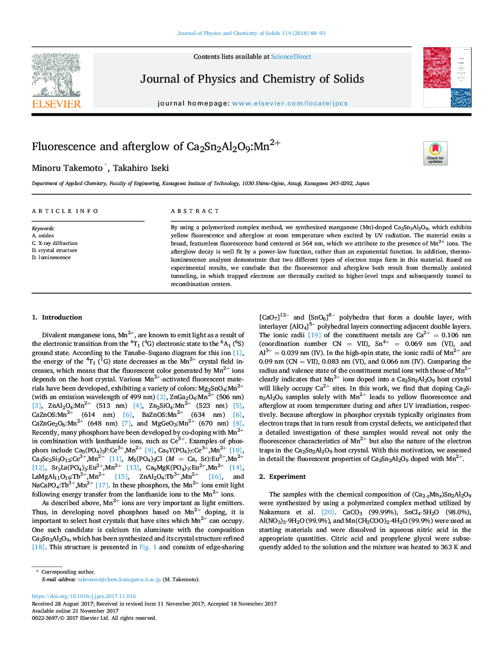 Fluorescence and afterglow of Ca2Sn2Al2O9:Mn2+