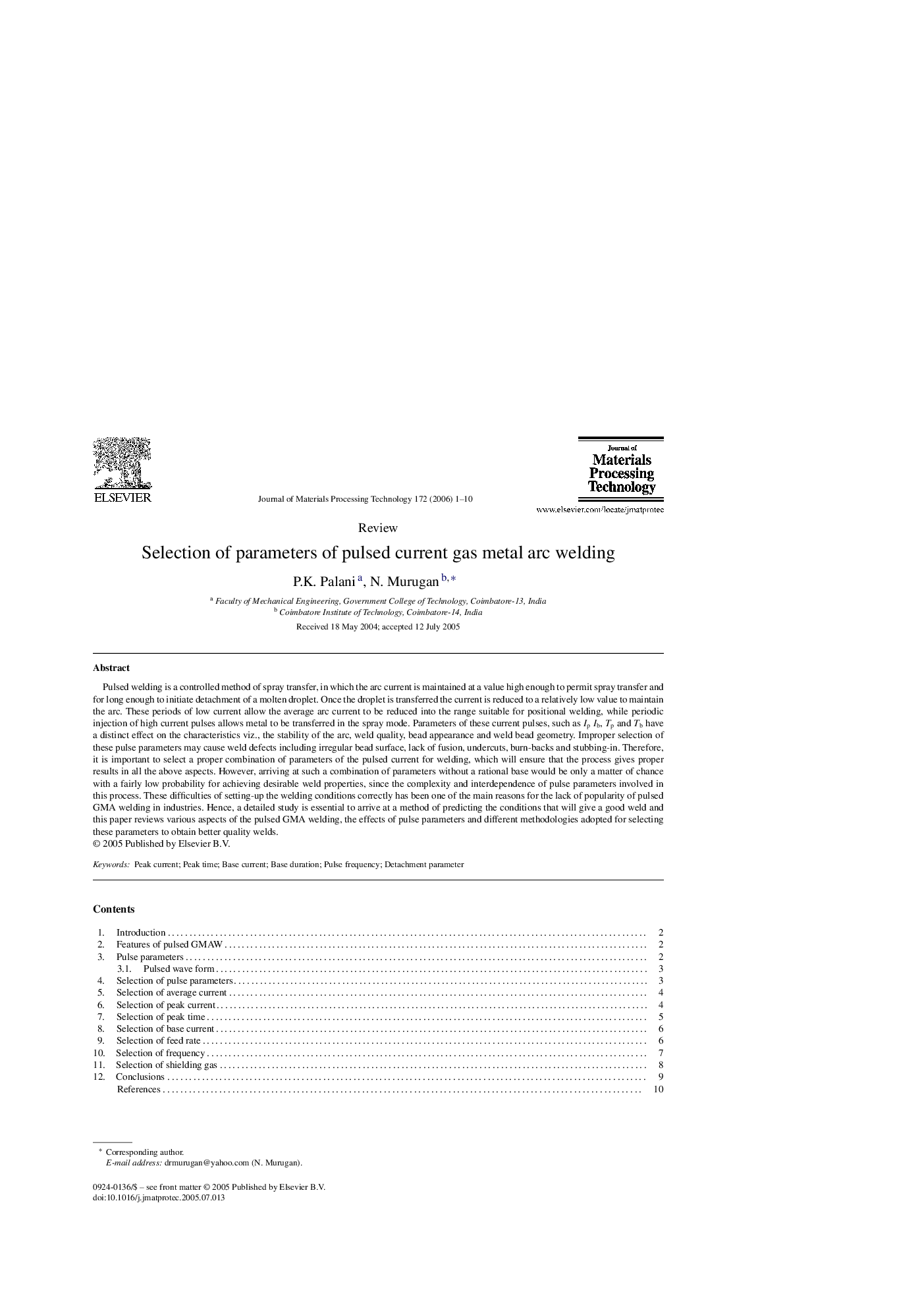 Selection of parameters of pulsed current gas metal arc welding