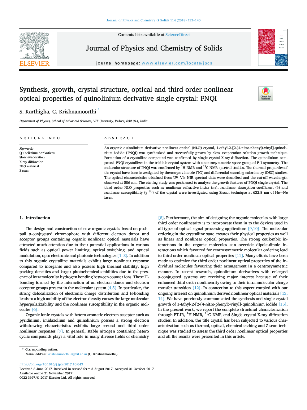 Synthesis, growth, crystal structure, optical and third order nonlinear optical properties of quinolinium derivative single crystal: PNQI