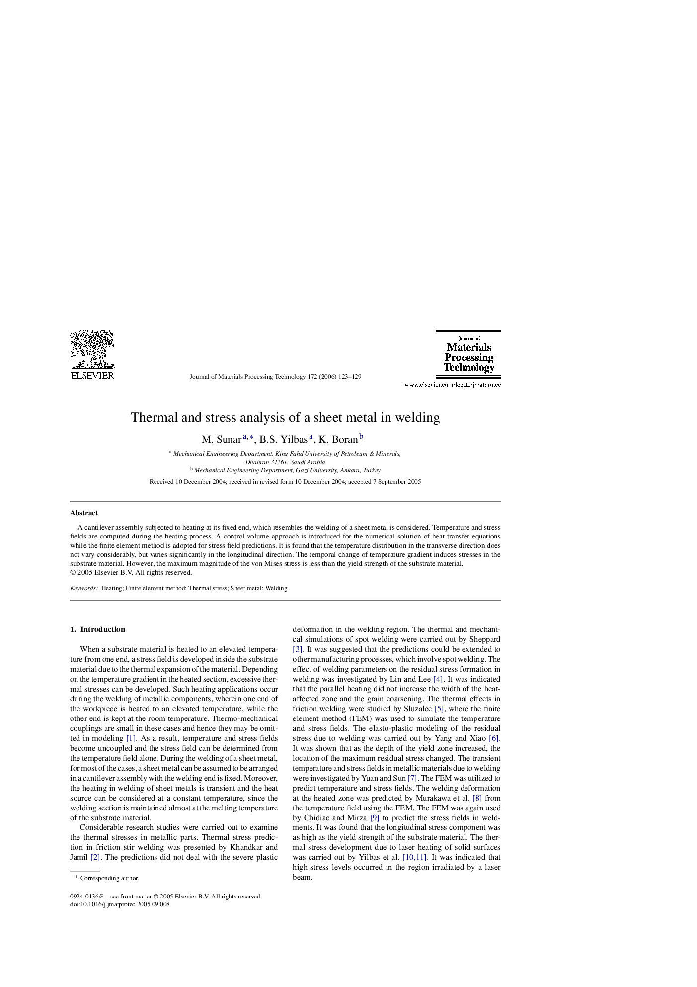 Thermal and stress analysis of a sheet metal in welding