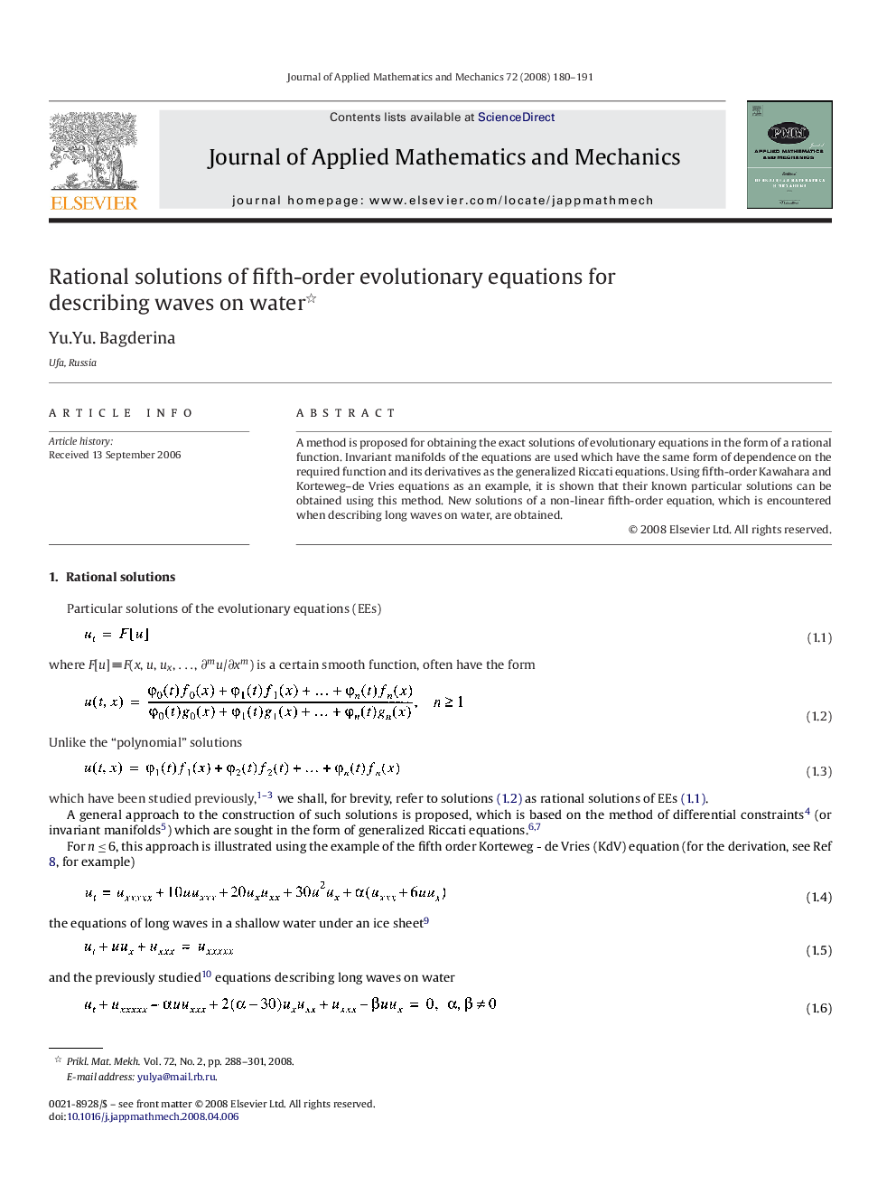 عکس صفحه اول مقاله: Rational solutions of fifth-order evolutionary equations for describing waves on water Rational solutions of fifth-order evolutionary equations for describing waves on water
