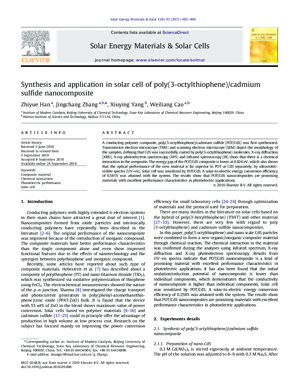 Synthesis and application in solar cell of poly(3-octylthiophene)/cadmium sulfide nanocomposite