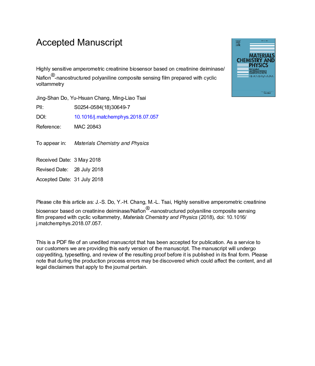 Highly sensitive amperometric creatinine biosensor based on creatinine deiminase/Nafion®-nanostructured polyaniline composite sensing film prepared with cyclic voltammetry