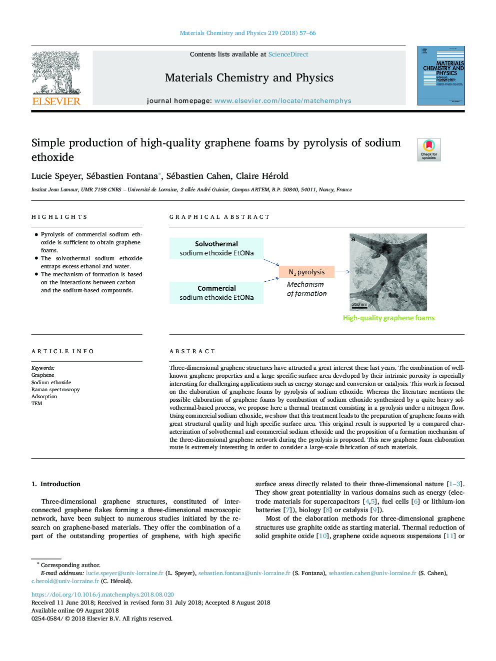 Simple production of high-quality graphene foams by pyrolysis of sodium ethoxide